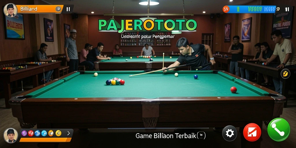 Antarmuka PAJEROTOTO menampilkan meja billiard yang realistis dan kontrol intuitif.